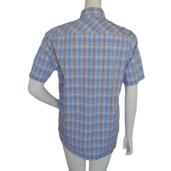 JAMES CAMPBELL Shirt, M, Blue Plaid, Short sleeves, Button down, Cotton - Picture 7 of 12